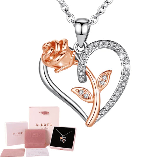 Sterling Silver Necklace for Women Mom Gift for Wife from Husband Valentines Day Girlfriend Rose Heart Necklace for Girlfriend Birthday Gifts Mother Daughter Pendant